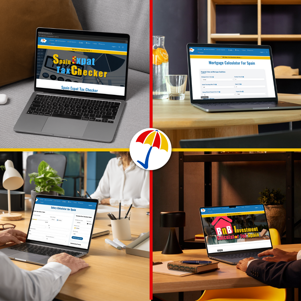 Collage of four laptops showcasing financial tools for expats in Spain: Salary Calculator for estimating take-home pay, Expat Tax Checker to uncover tax obligations, Mortgage Calculator for instant monthly payment estimates, and BnB Profit Calculator to evaluate rental property profits.