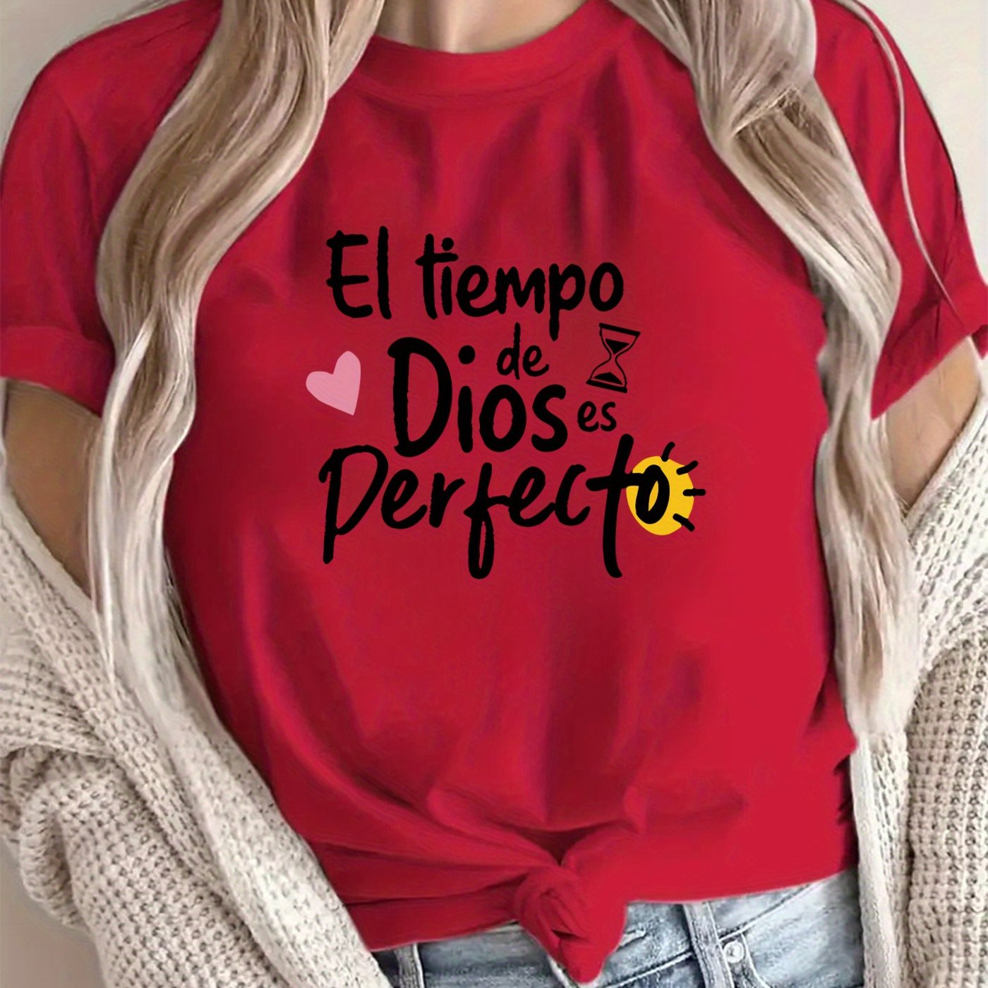 Red t-shirt with Spanish text and graphics worn by a person