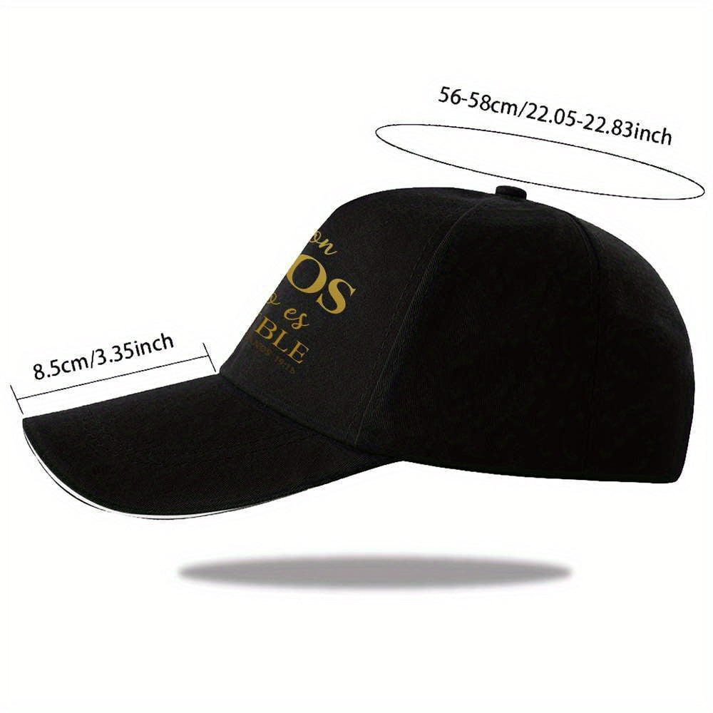 Black cap with gold text and measurements on a white background