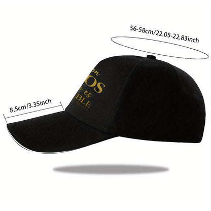 Black cap with gold text and measurements on a white background