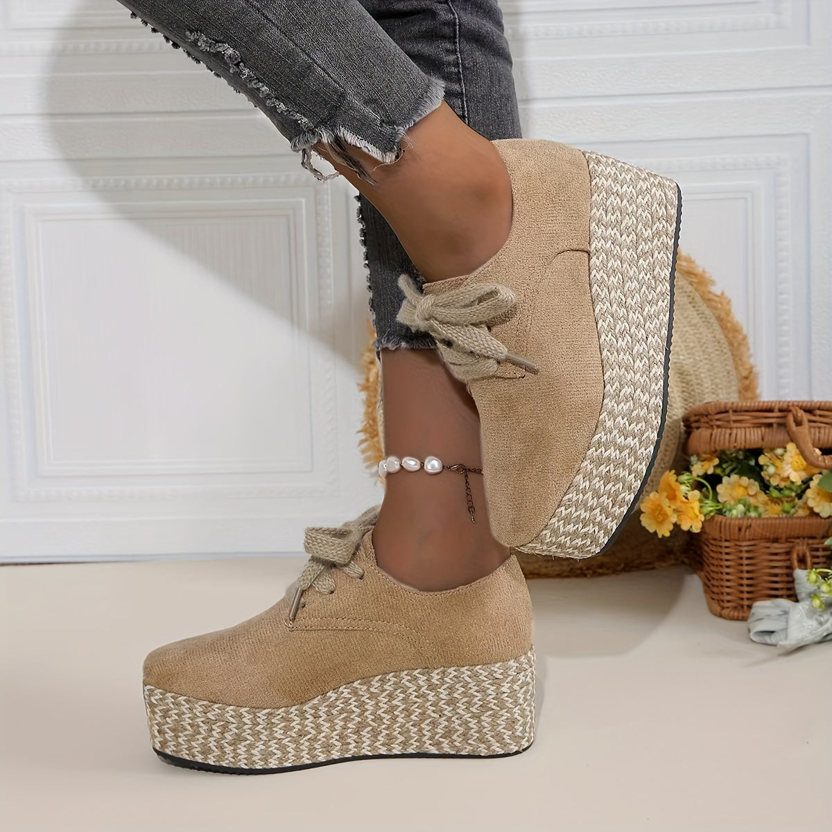 Espadrille-Plateau-Schnürschuhe mit Keilabsatz – Lässige Pumps zum Spazierengehen