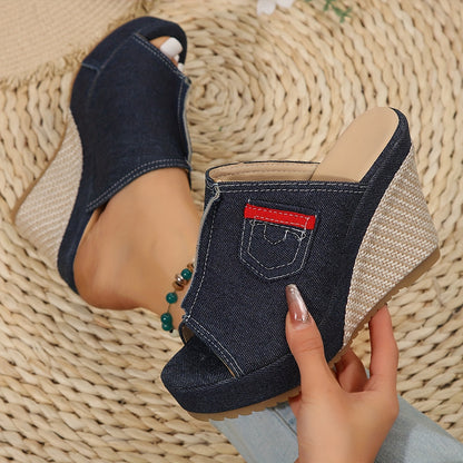 Espadrille-Plateau-Keilsandalen mit Denim-Taschendetails