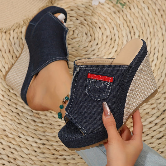 Denim Pocket Detail Espadrille Platform Wedge Sandals
