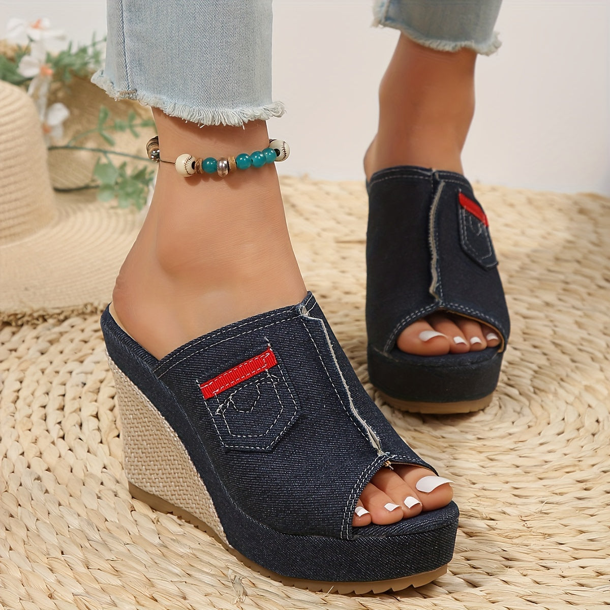 Espadrille-Plateau-Keilsandalen mit Denim-Taschendetails