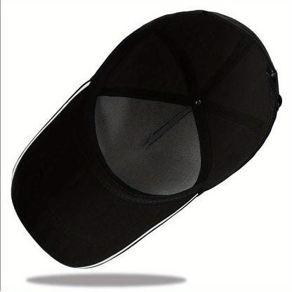 Black baseball cap with mesh back on a white background