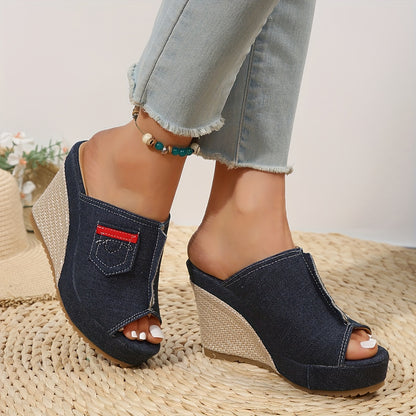Espadrille-Plateau-Keilsandalen mit Denim-Taschendetails