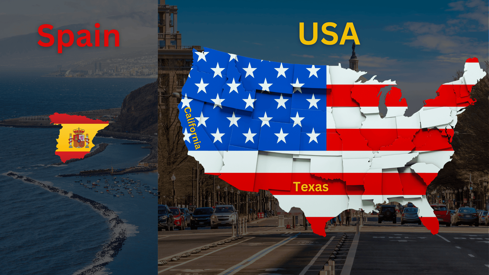Spain vs United States size comparison map showing Spain next to USA with Texas and California for scale