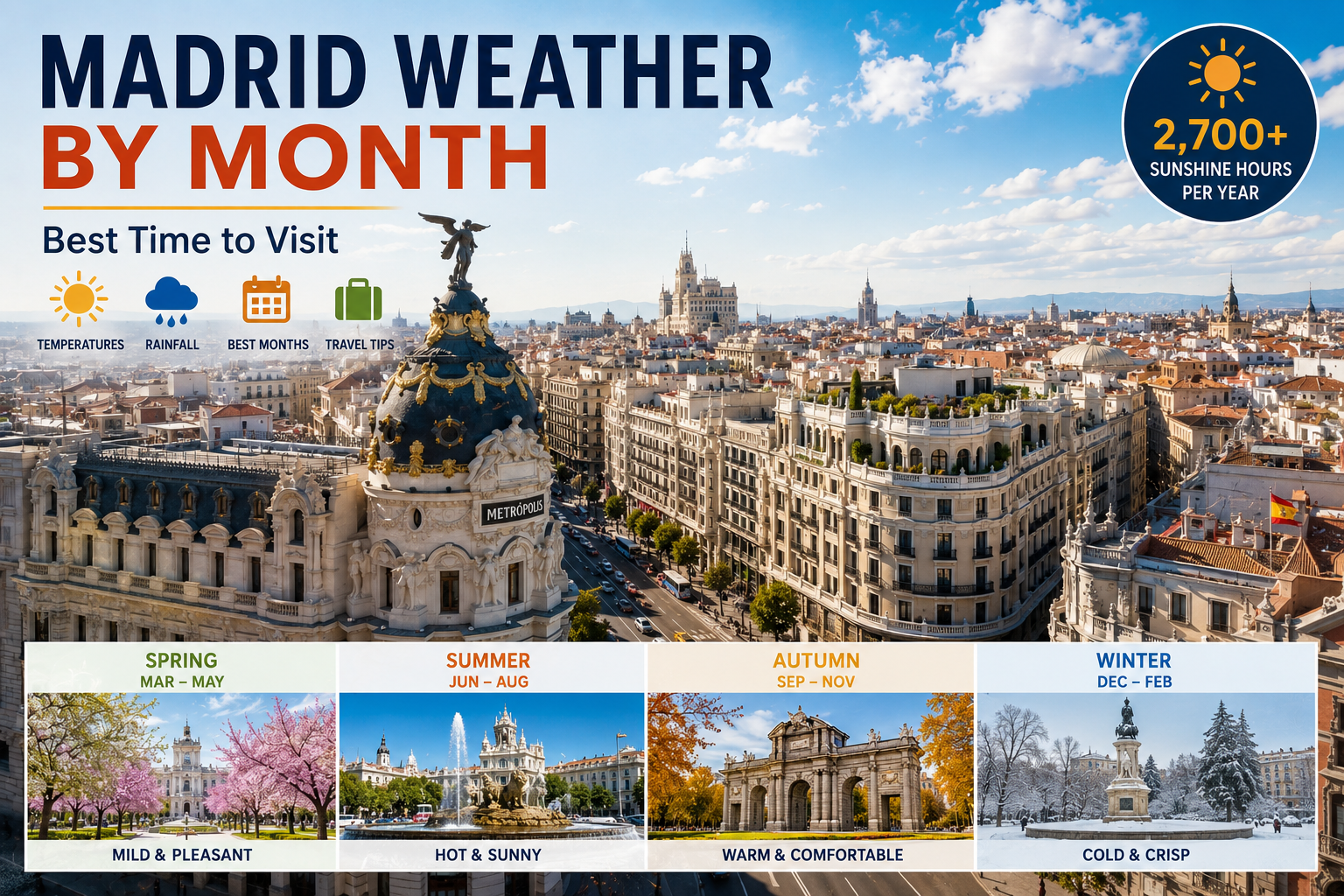 Panoramic view of Madrid skyline showing seasonal weather conditions and best time to visit Spain’s capital
