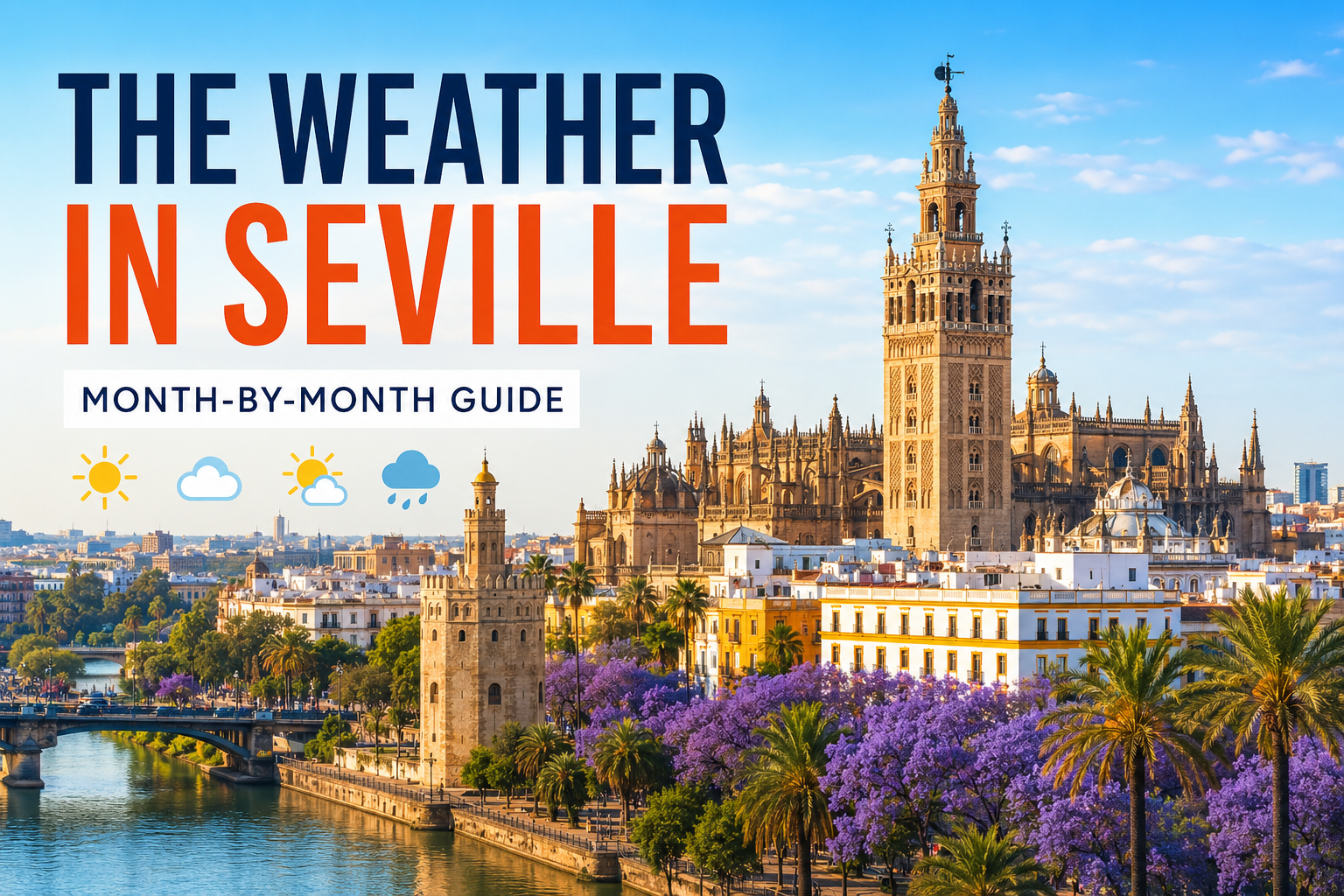 The Weather in Seville month by month travel guide with sunny Seville skyline