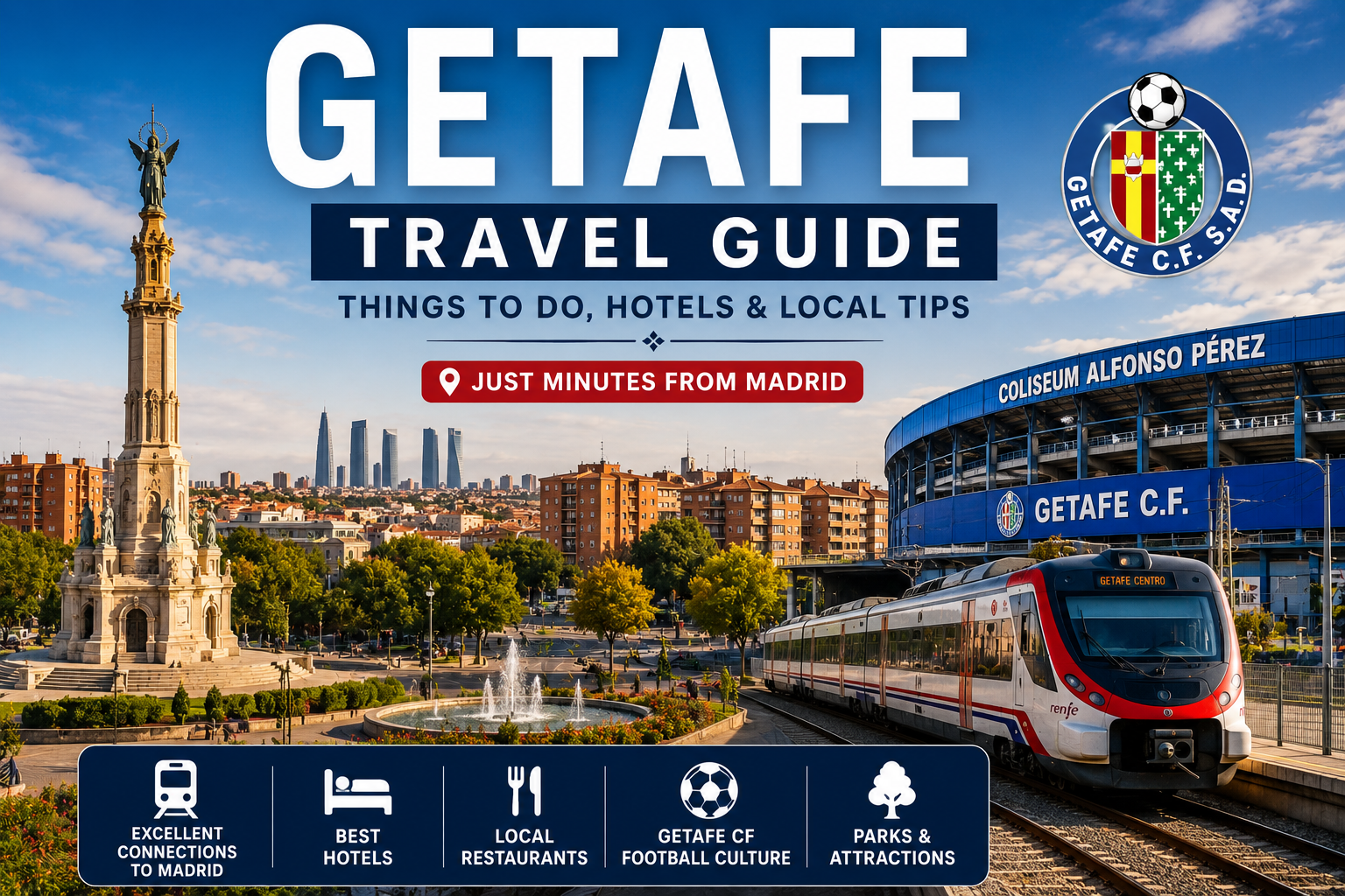 Getafe travel guide image with Madrid skyline Getafe CF stadium and local attractions Spain