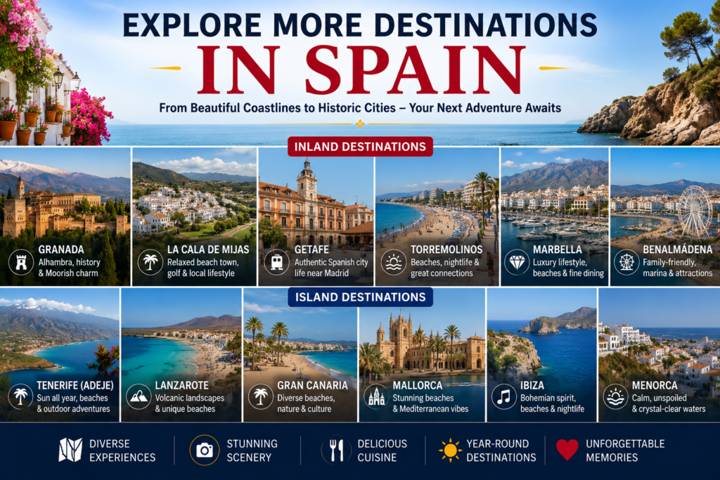 Spain destinations collage inland and island travel locations including Granada Marbella Tenerife
