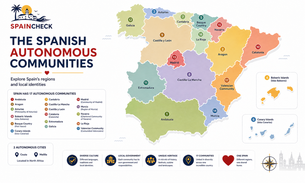 Spain autonomous communities map regions Andalusia Catalonia Madrid infographic