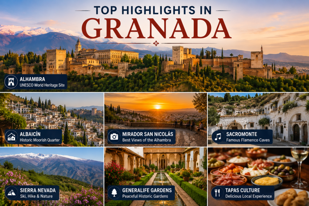 Granada highlights collage with Alhambra Albaicin Sacromonte Sierra Nevada Spain