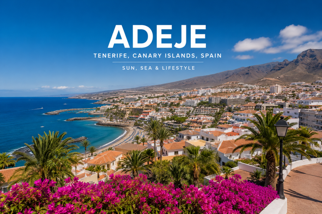Adeje Tenerife coastal view with Costa Adeje beaches, resorts and Atlantic ocean in Canary Islands Spain