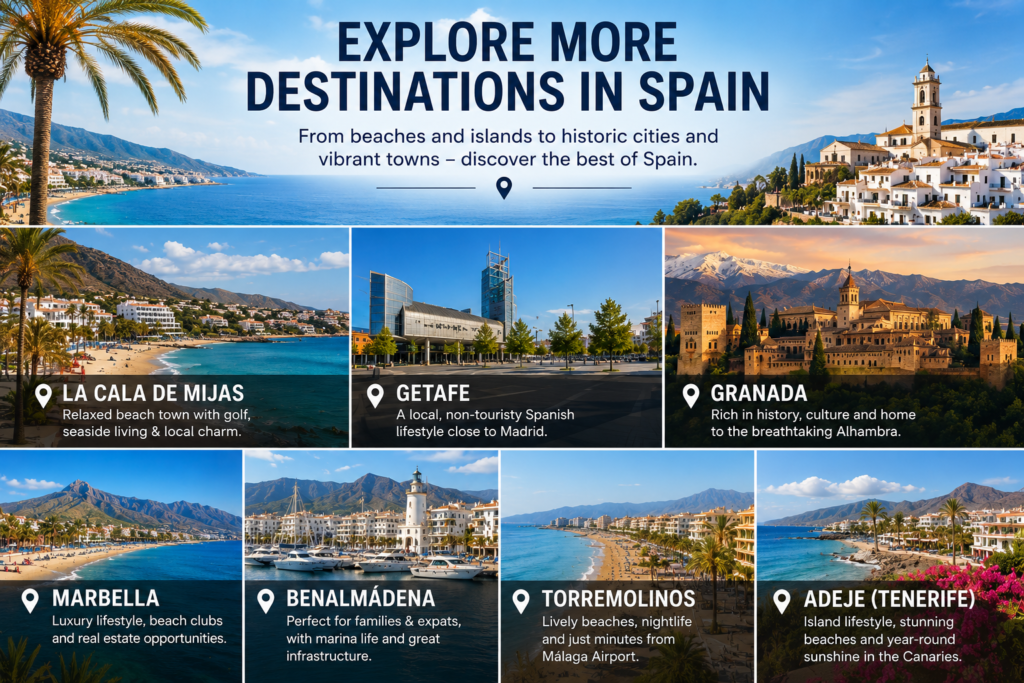 Spain travel destinations collage featuring Costa del Sol Granada Marbella Benalmadena Torremolinos and Adeje Tenerife