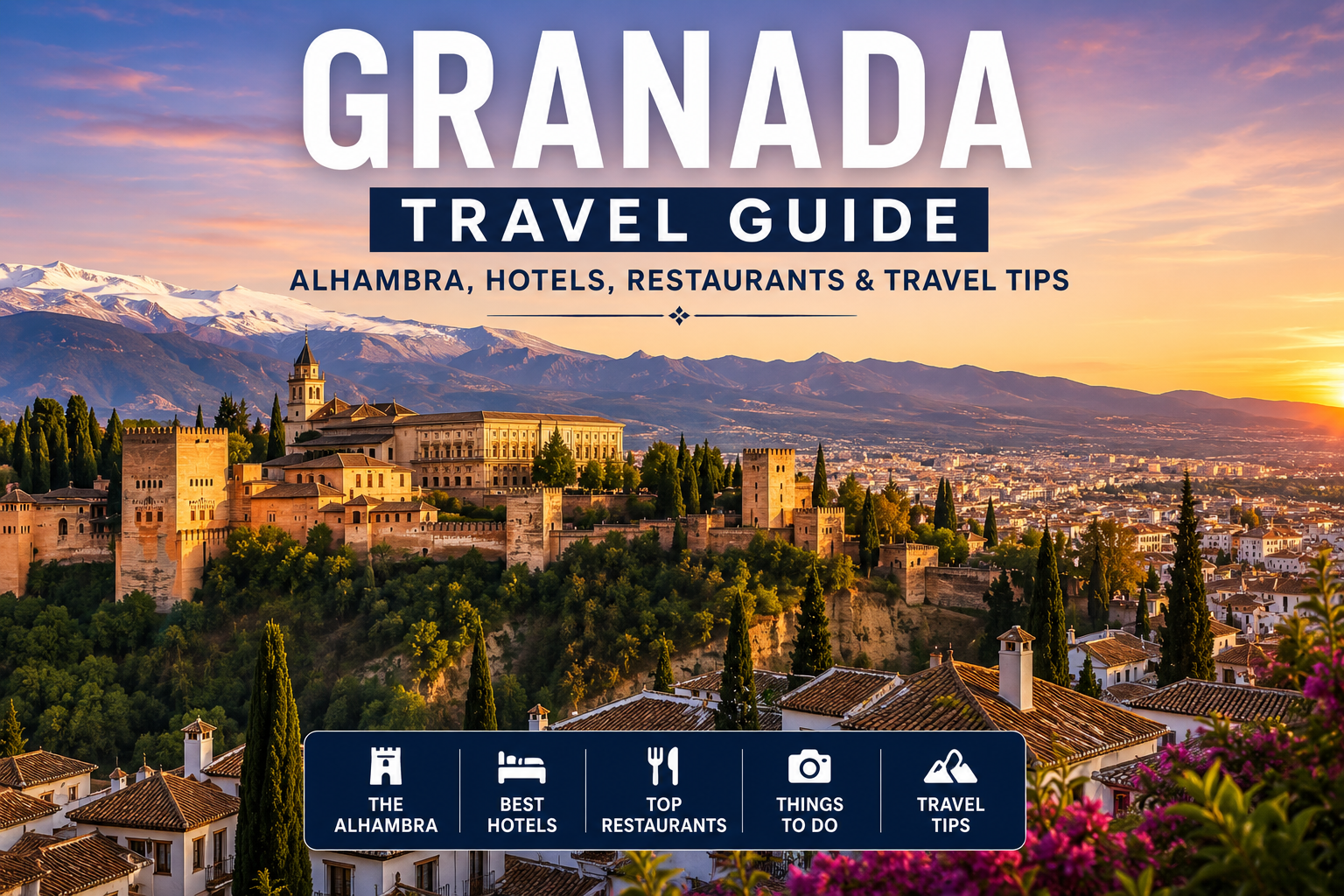 Granada Spain Alhambra palace at sunset with Sierra Nevada mountains travel guide