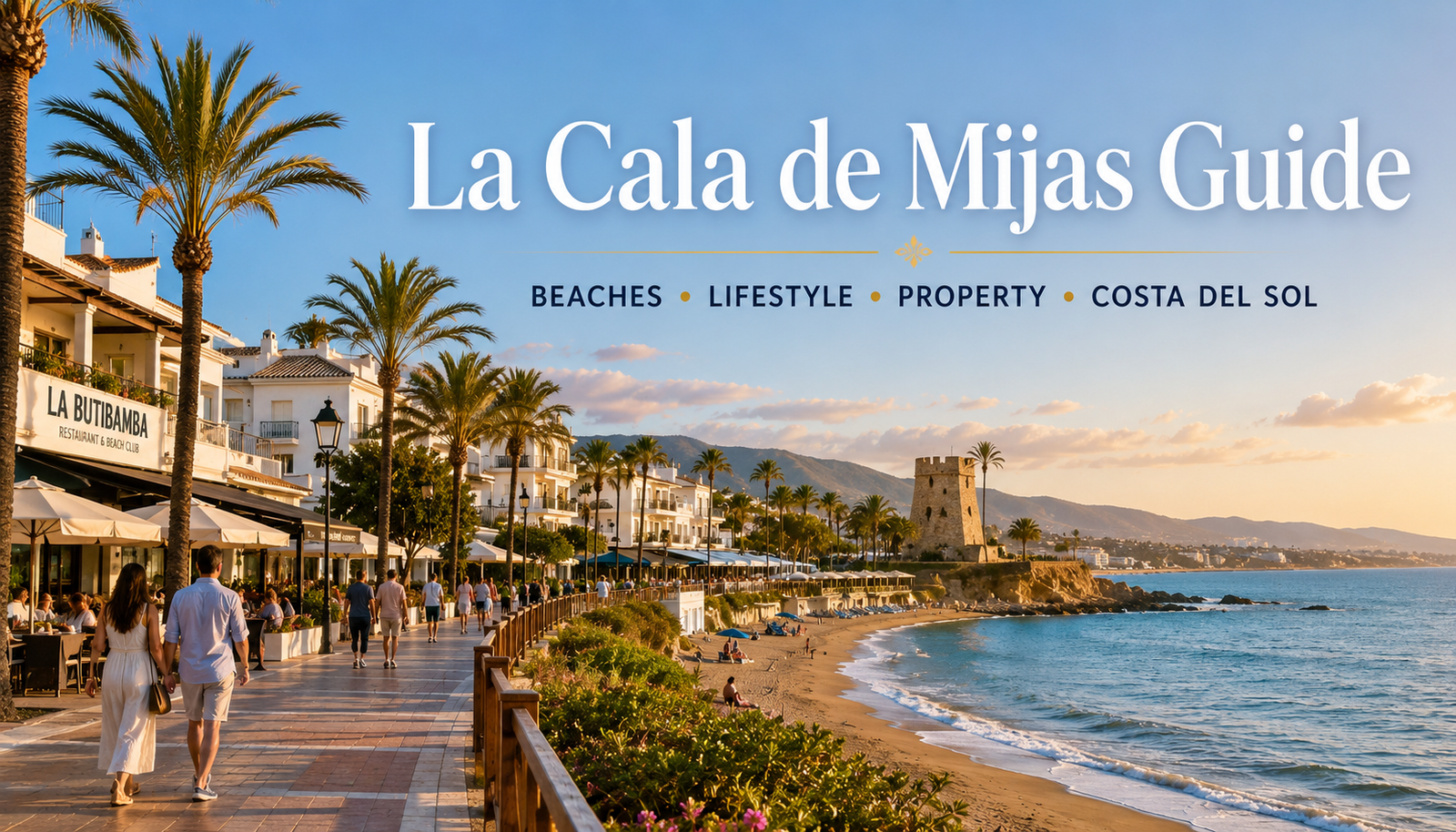 Beach promenade, restaurants and Mediterranean coastline in La Cala de Mijas on the Costa del Sol