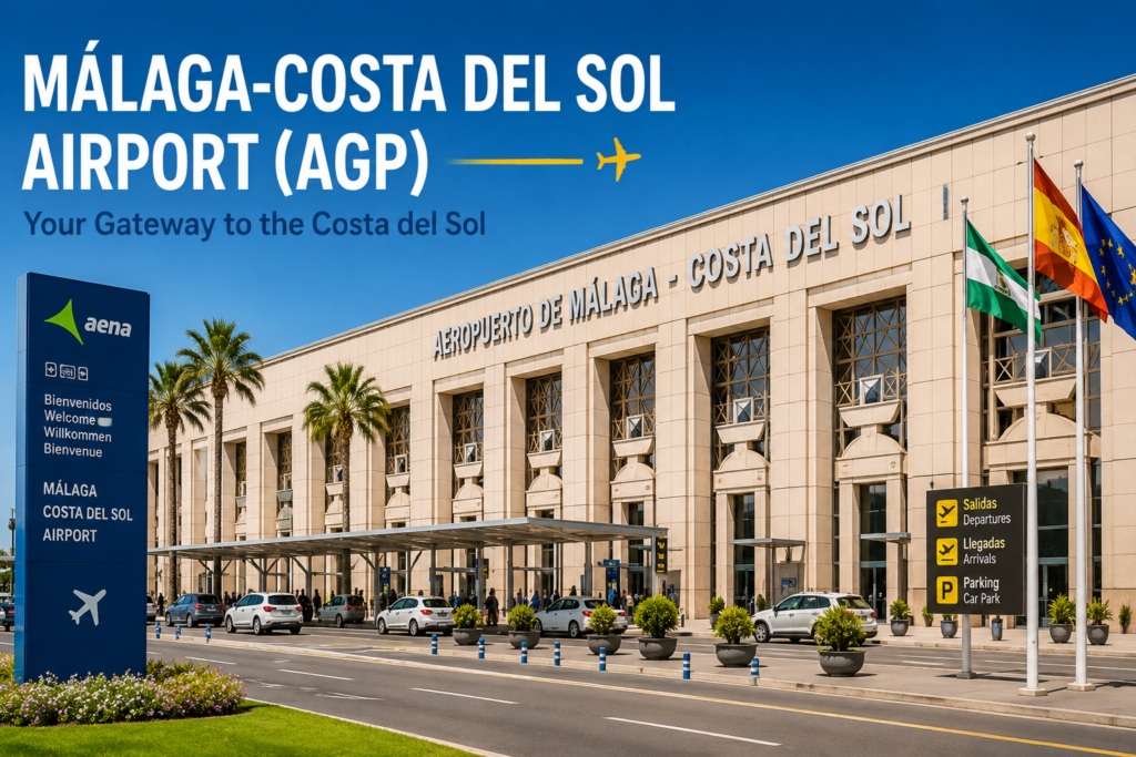 Malaga Costa del Sol Airport AGP terminal exterior with entrance and palm trees Spain