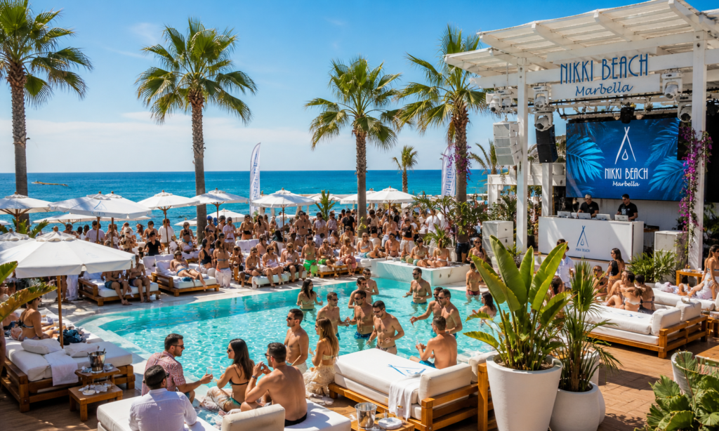 Marbella beach club Nikki Beach style party sunbeds Spain