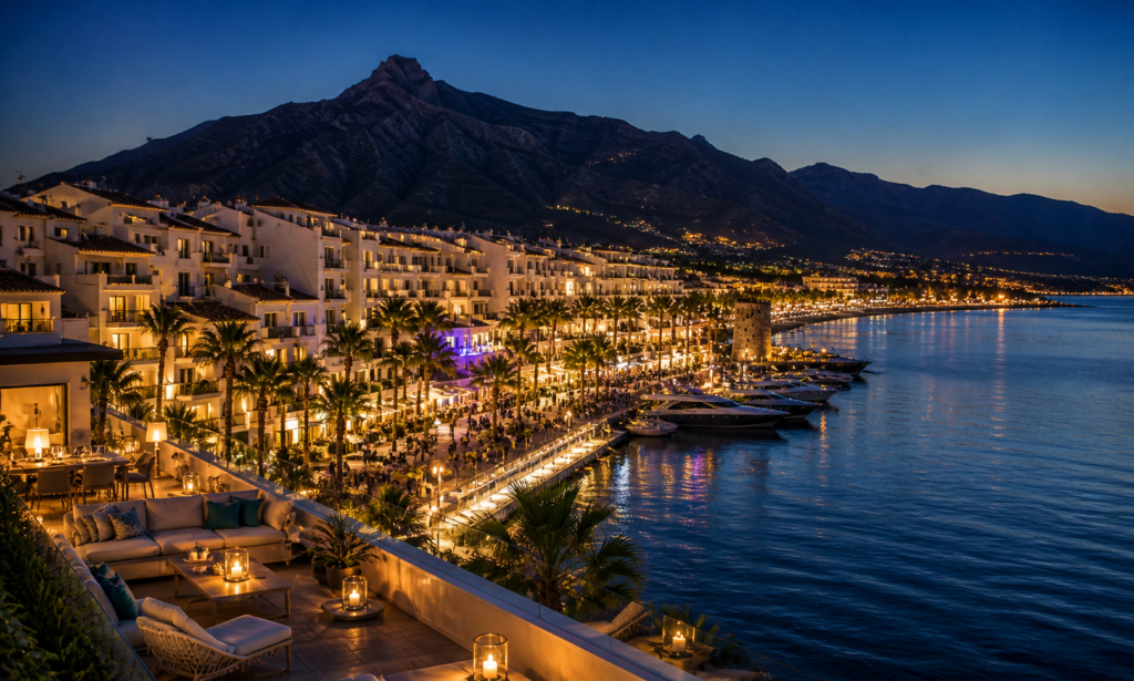 Marbella lifestyle night city lights luxury living Spain