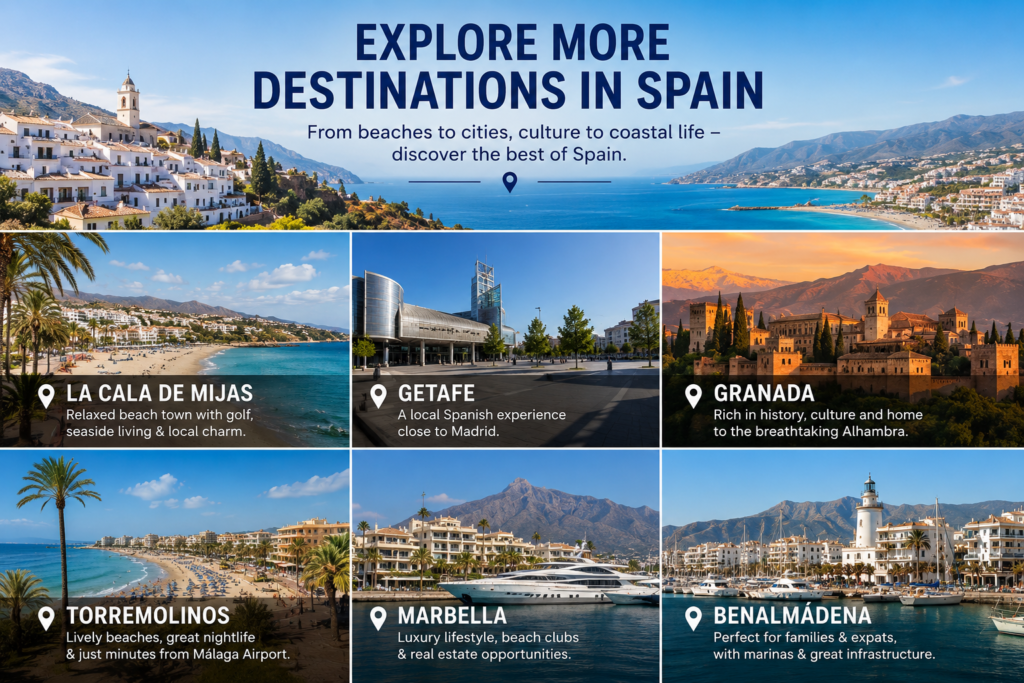 Spain travel destinations collage Costa del Sol Granada Madrid coastal towns and cultural cities