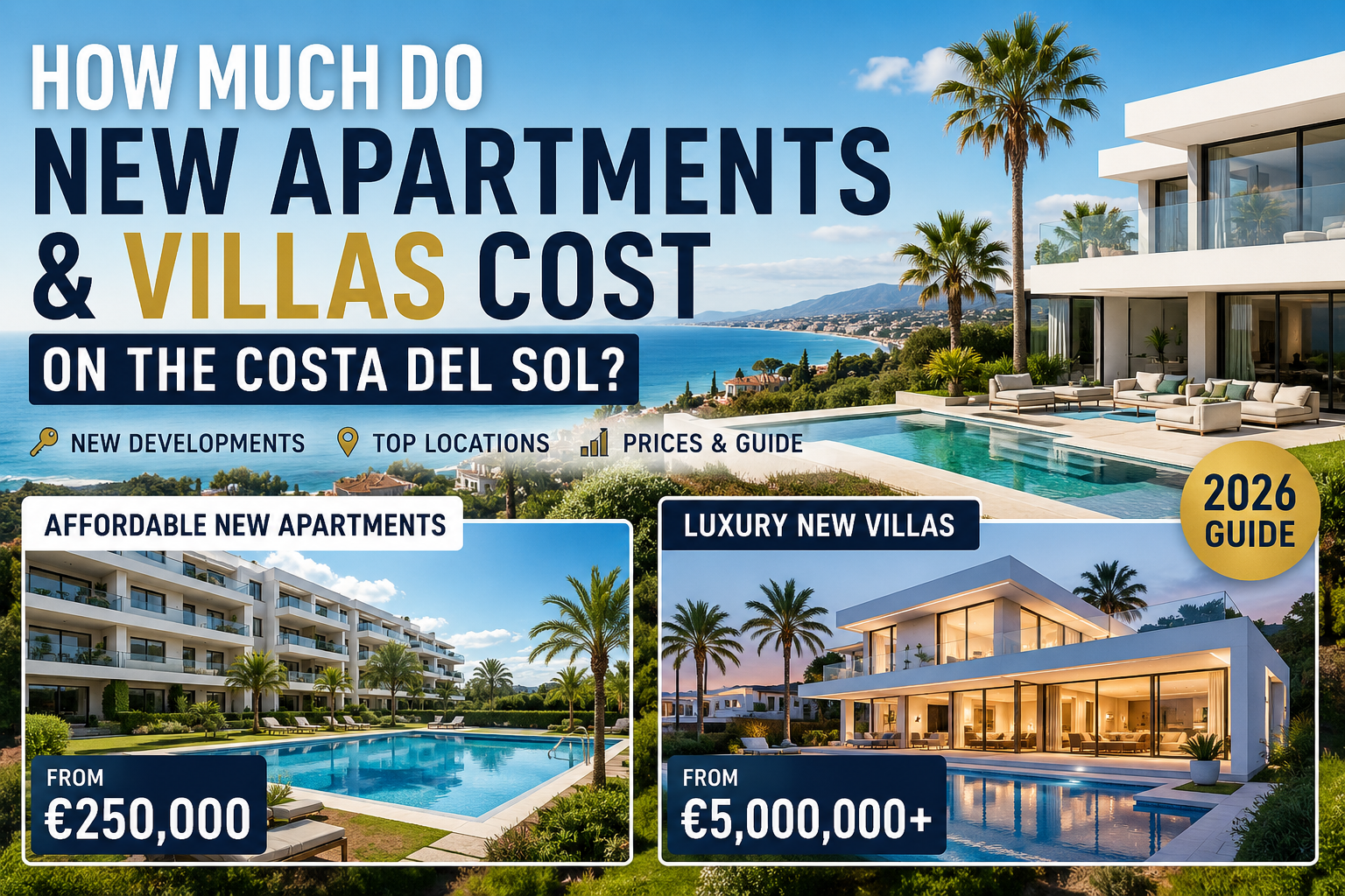 New apartments and luxury villas on the Costa del Sol showing new build property price ranges in 2026