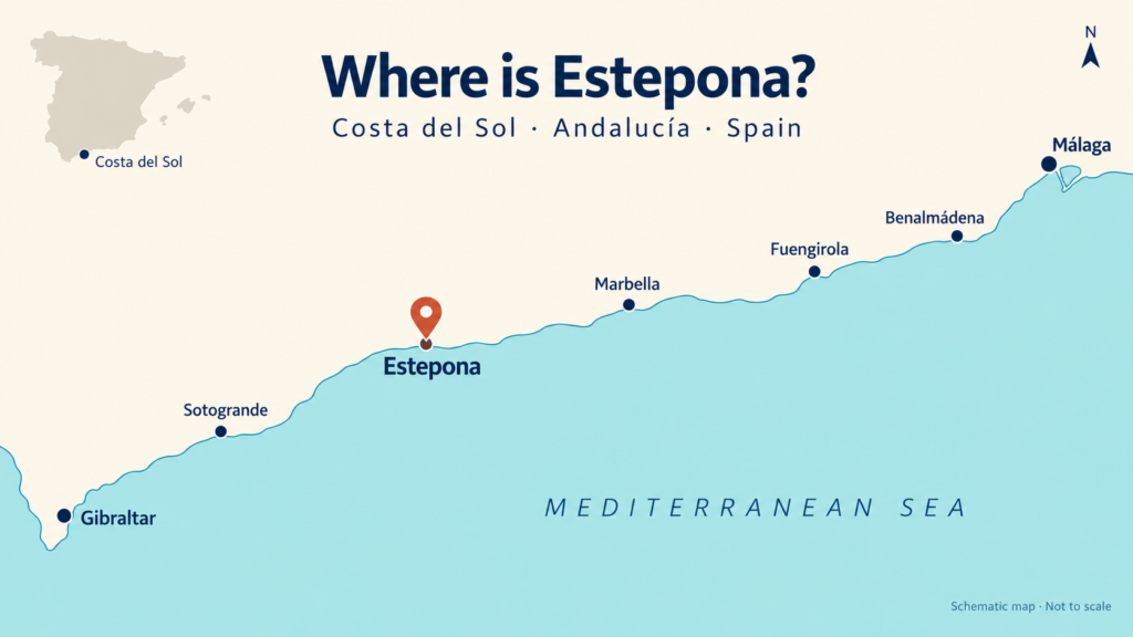 Map highlighting Estepona on the Costa del Sol, between Marbella and Sotogrande, with Málaga, Benalmádena, Fuengirola and Gibraltar marked.